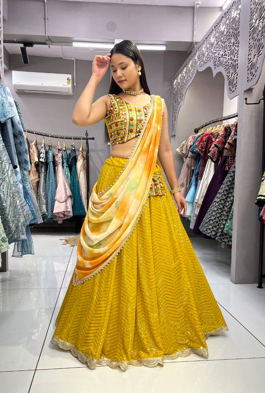 "Yellow Georgette Lehenga Choli Set with Heavy Embroidery - Full Stitched Ensemble"