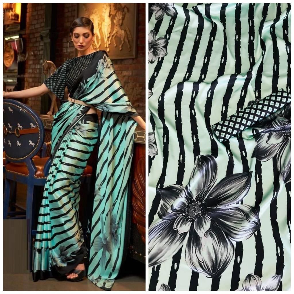 "Chic Japan Satin Sarees with Printed Blouse - Trendy Prints & Patterns"