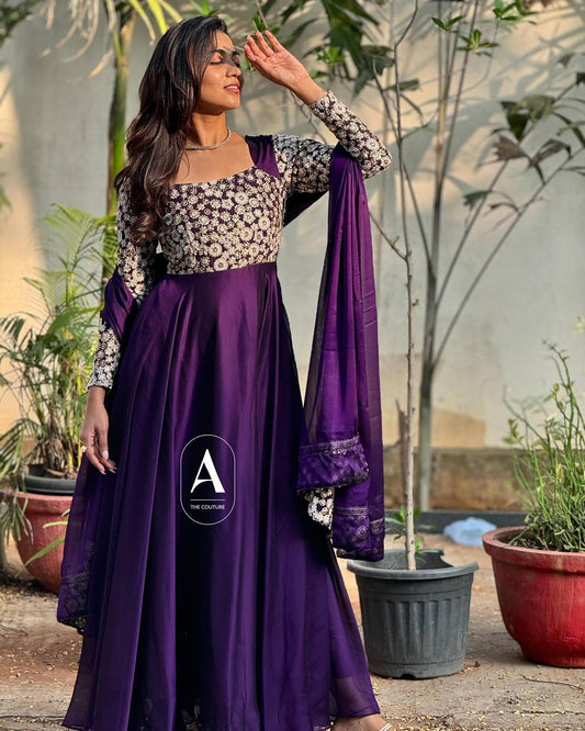 "Fox Georgette Anarkali Gown: Elegant Embroidered Ensemble for Special Occasions"