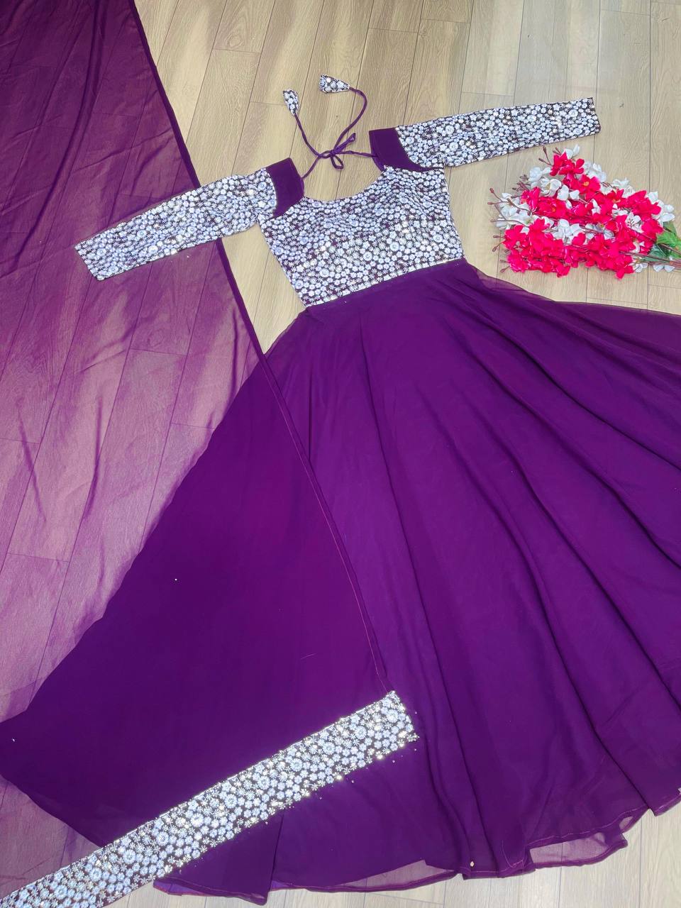 "Fox Georgette Anarkali Gown: Elegant Embroidered Ensemble for Special Occasions"