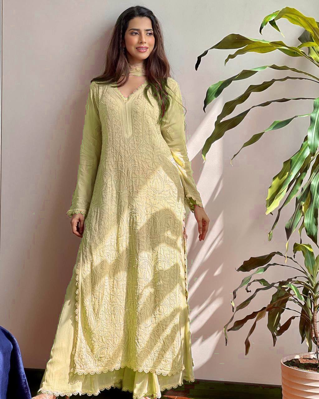 "Exquisite Faux Georgette Thread Embroidered Kurta Set with Free-Size Palazzo and Dupatta"