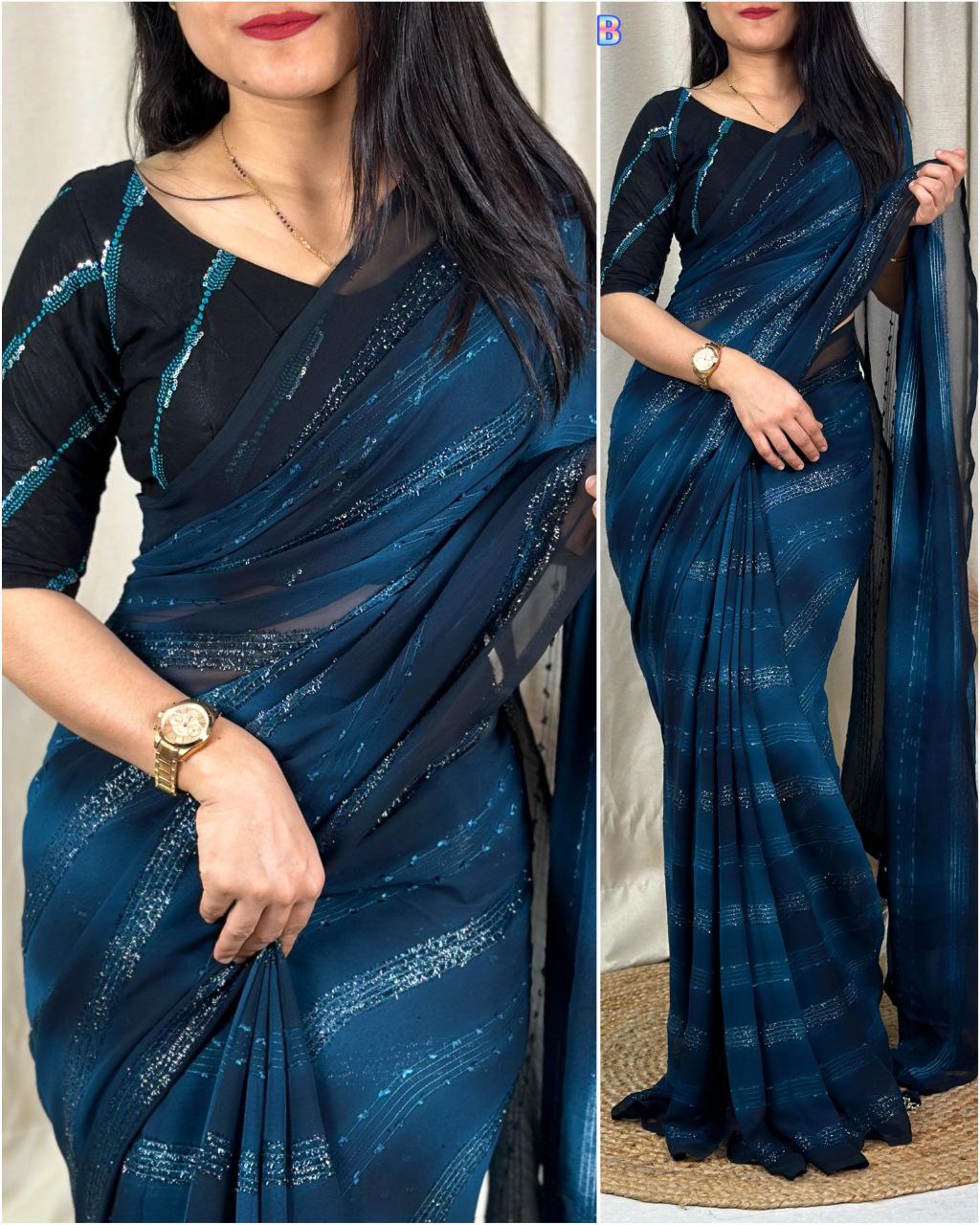 "Graceful Georgette: Vibrant Spray Print Saree with Sequin Blouse"