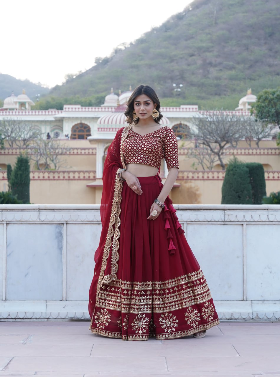 "Sparkling Sequins: Georgette Flared Lehenga Choli Set with Embroidered Details"