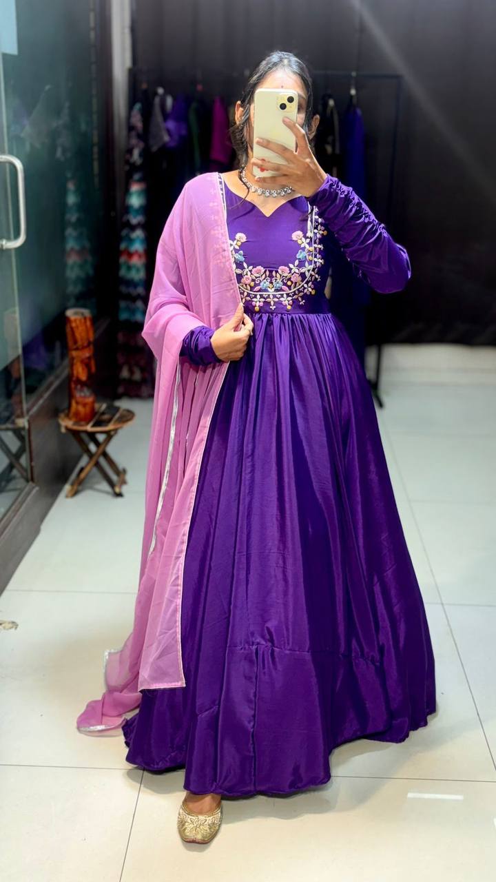 "Chinon Embroidered Thread Work Gown with Georgette Dupatta"