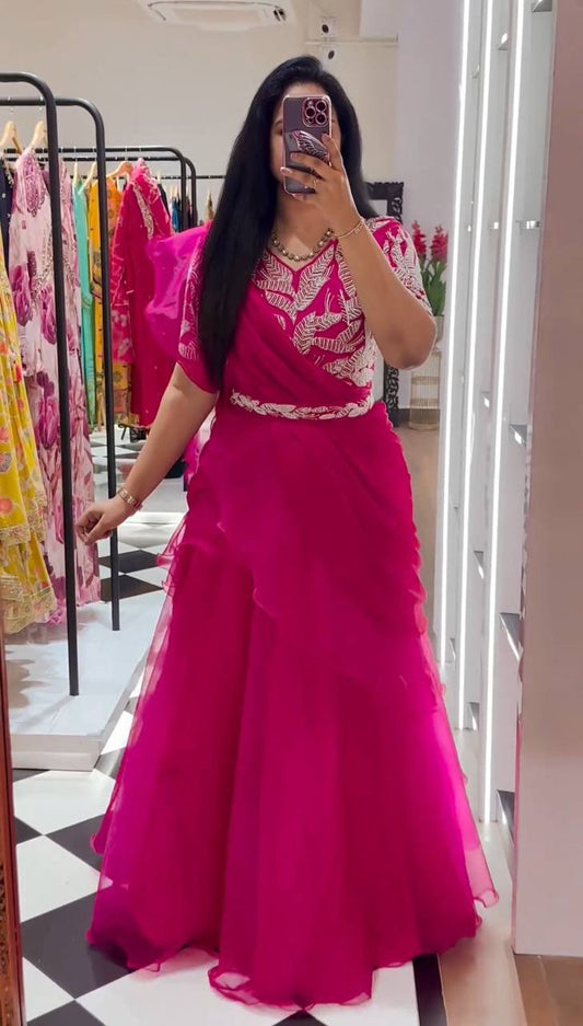 "Summer Sparkle Organza Lehenga Choli Set with Embroidered Blouse and Dupatta"