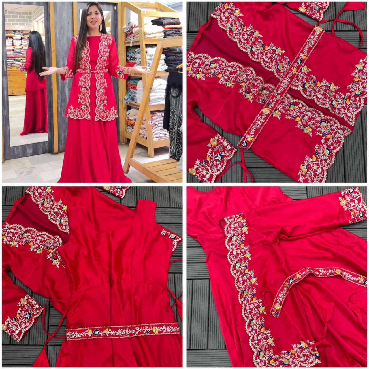 Rangoli Silk Party Wear Embroidered Gown with Jacket & Belt Set