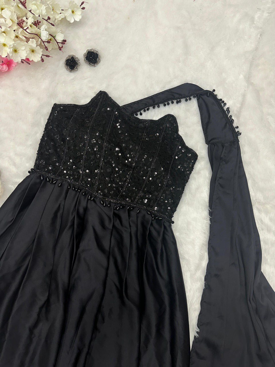 "Black Satin Silk Gown with Sequin & Handwork Lace Detailing - Elegant Western Wear for Special Occasions"