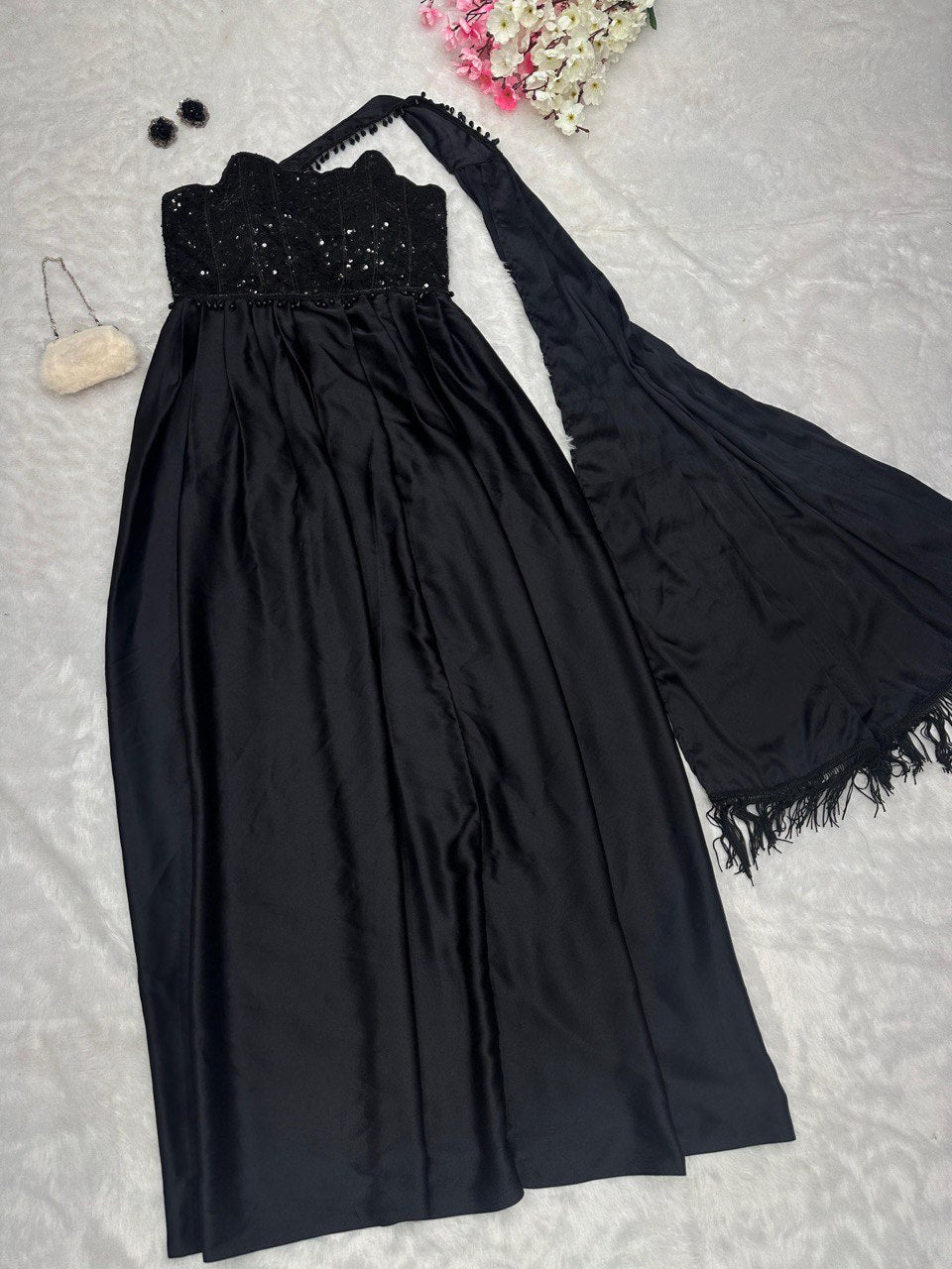 "Black Satin Silk Gown with Sequin & Handwork Lace Detailing - Elegant Western Wear for Special Occasions"