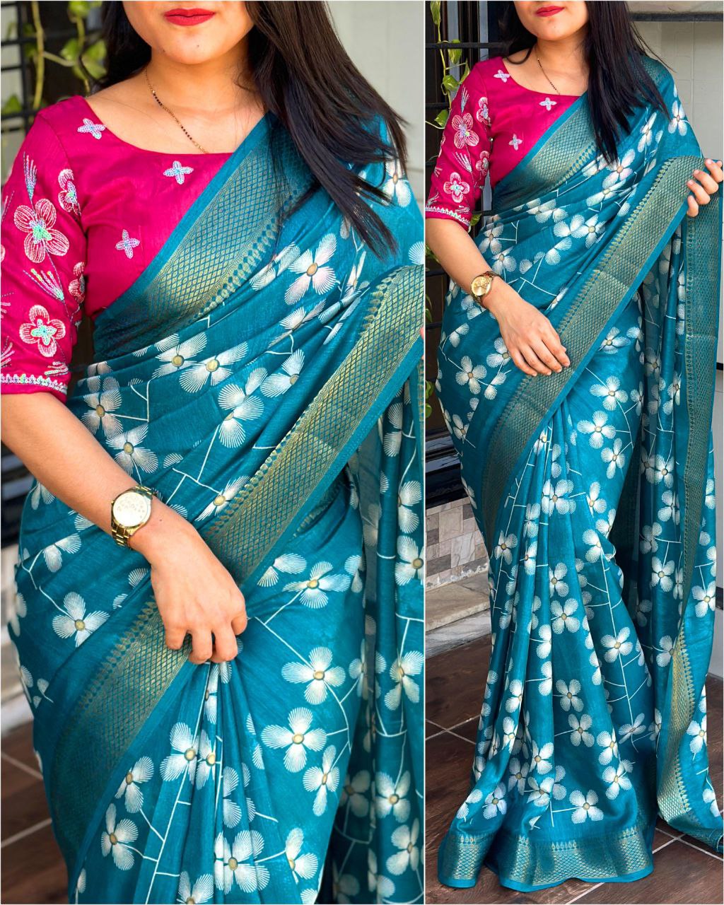 "Elegant Muslin Cotton Saree with Zari Jacquard Border & Sequined Mono Banglori Blouse"