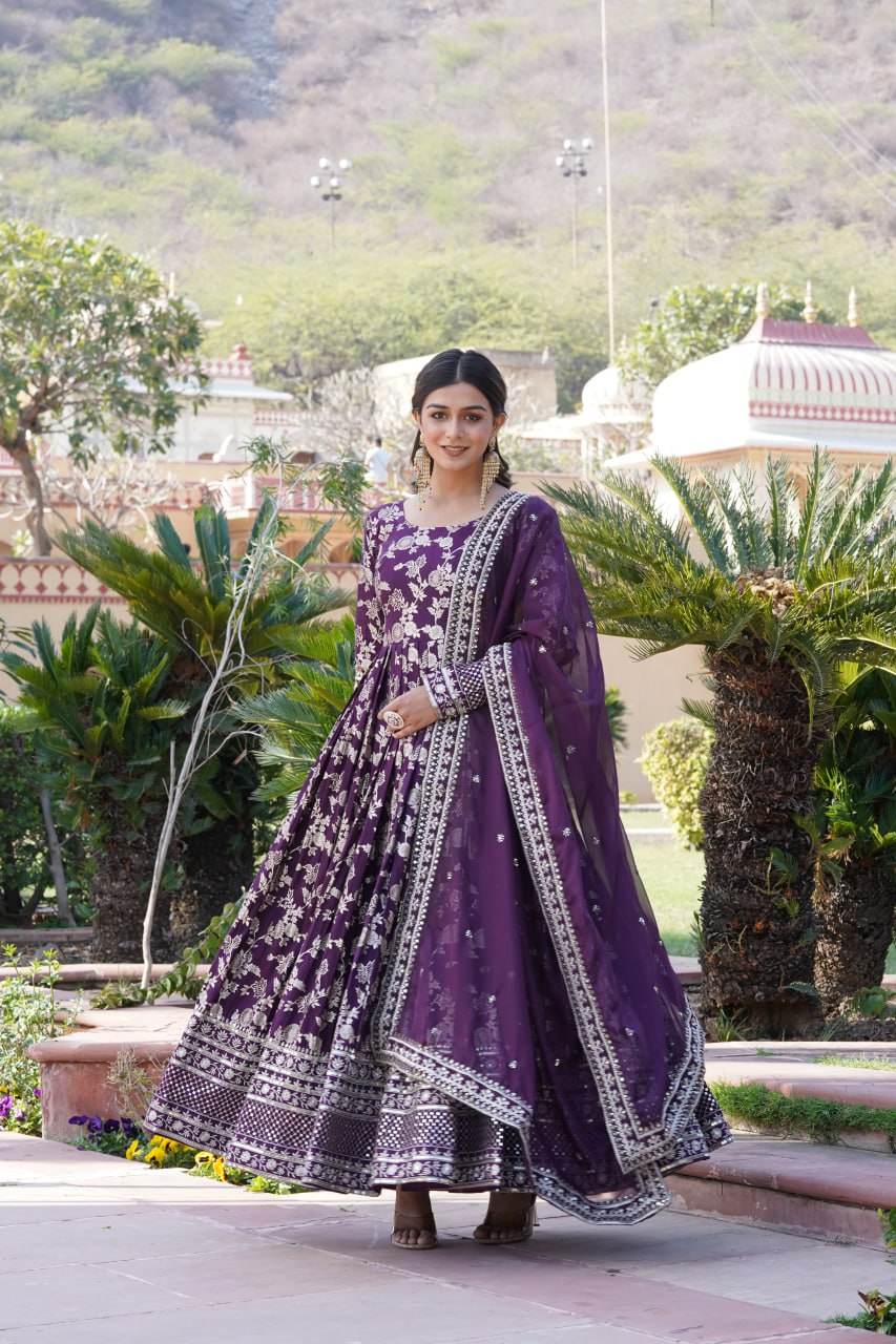 "Sequin Embroidered Viscose Gown with Russian Silk Dupatta Ensemble"