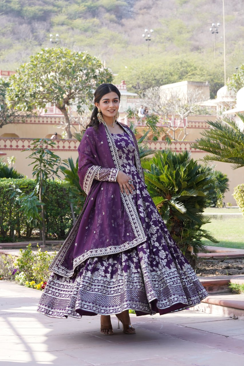 "Sequin Embroidered Viscose Gown with Russian Silk Dupatta Ensemble"