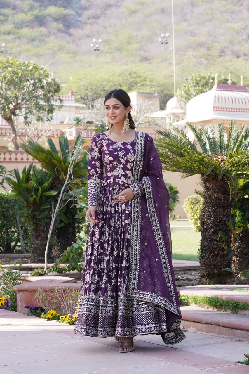 "Sequin Embroidered Viscose Gown with Russian Silk Dupatta Ensemble"