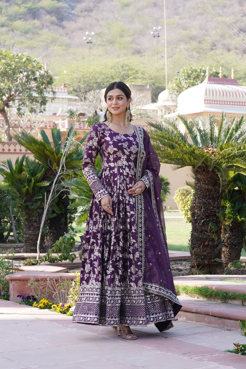 "Sequin Embroidered Viscose Gown with Russian Silk Dupatta Ensemble"