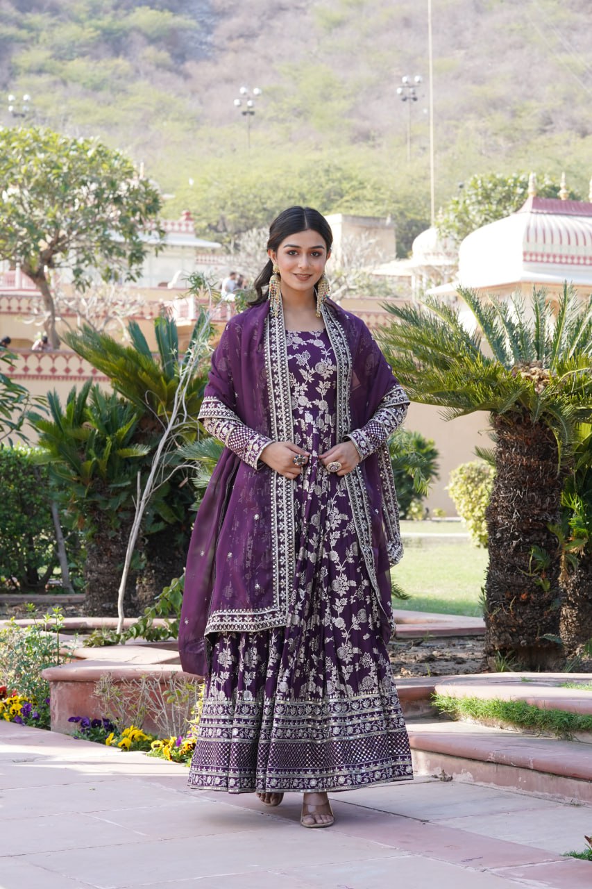 "Sequin Embroidered Viscose Gown with Russian Silk Dupatta Ensemble"