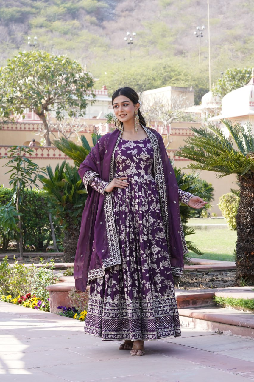 "Sequin Embroidered Viscose Gown with Russian Silk Dupatta Ensemble"