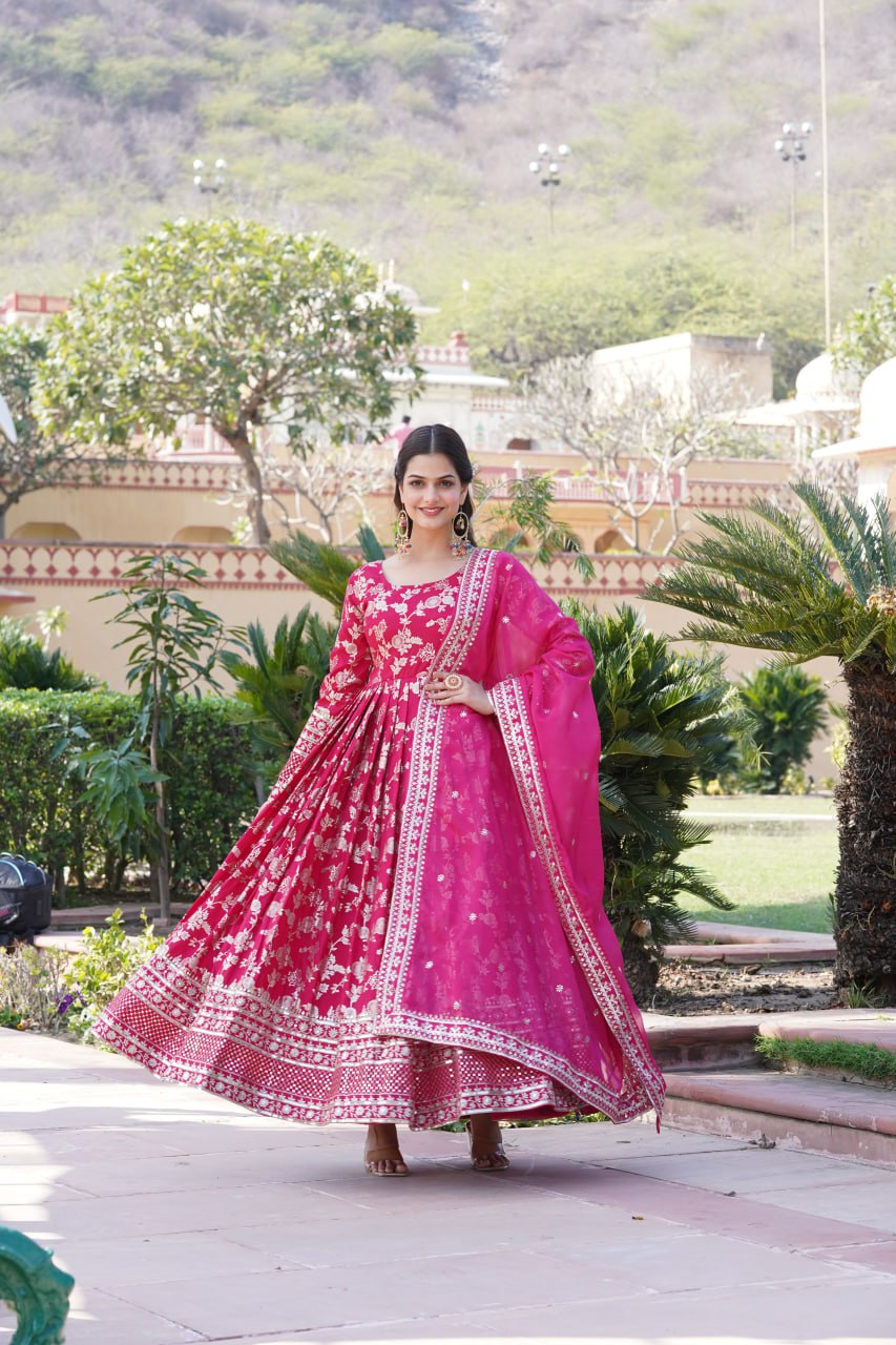 "Sequin Embroidered Viscose Gown with Russian Silk Dupatta Ensemble"