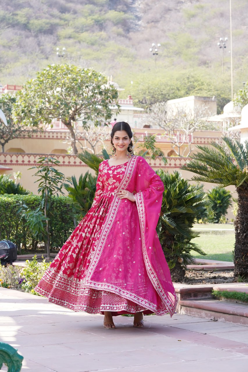 "Sequin Embroidered Viscose Gown with Russian Silk Dupatta Ensemble"