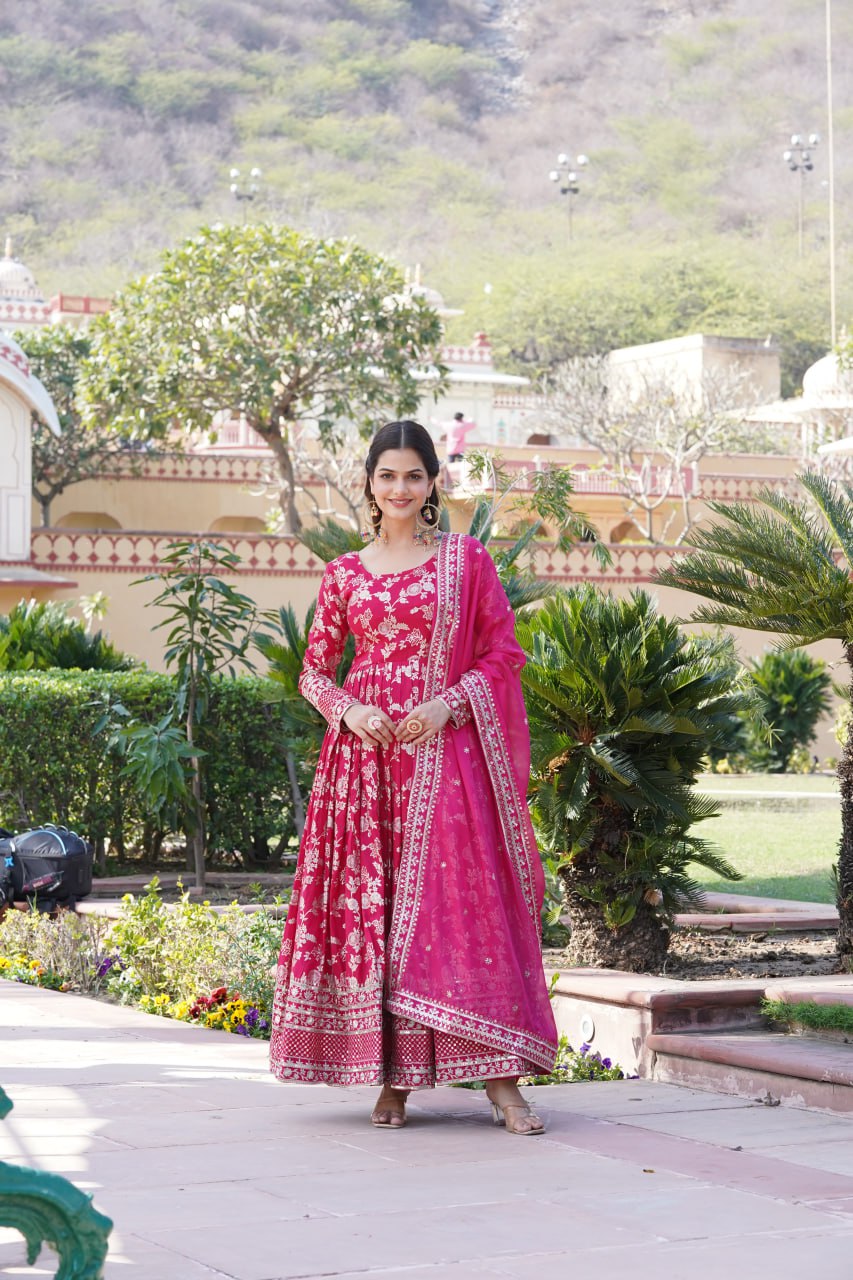 "Sequin Embroidered Viscose Gown with Russian Silk Dupatta Ensemble"