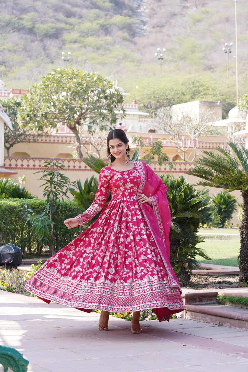 "Sequin Embroidered Viscose Gown with Russian Silk Dupatta Ensemble"