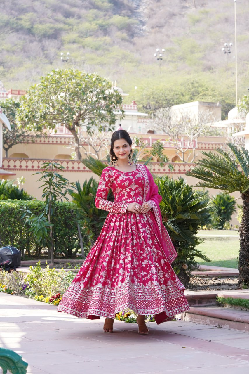 "Sequin Embroidered Viscose Gown with Russian Silk Dupatta Ensemble"