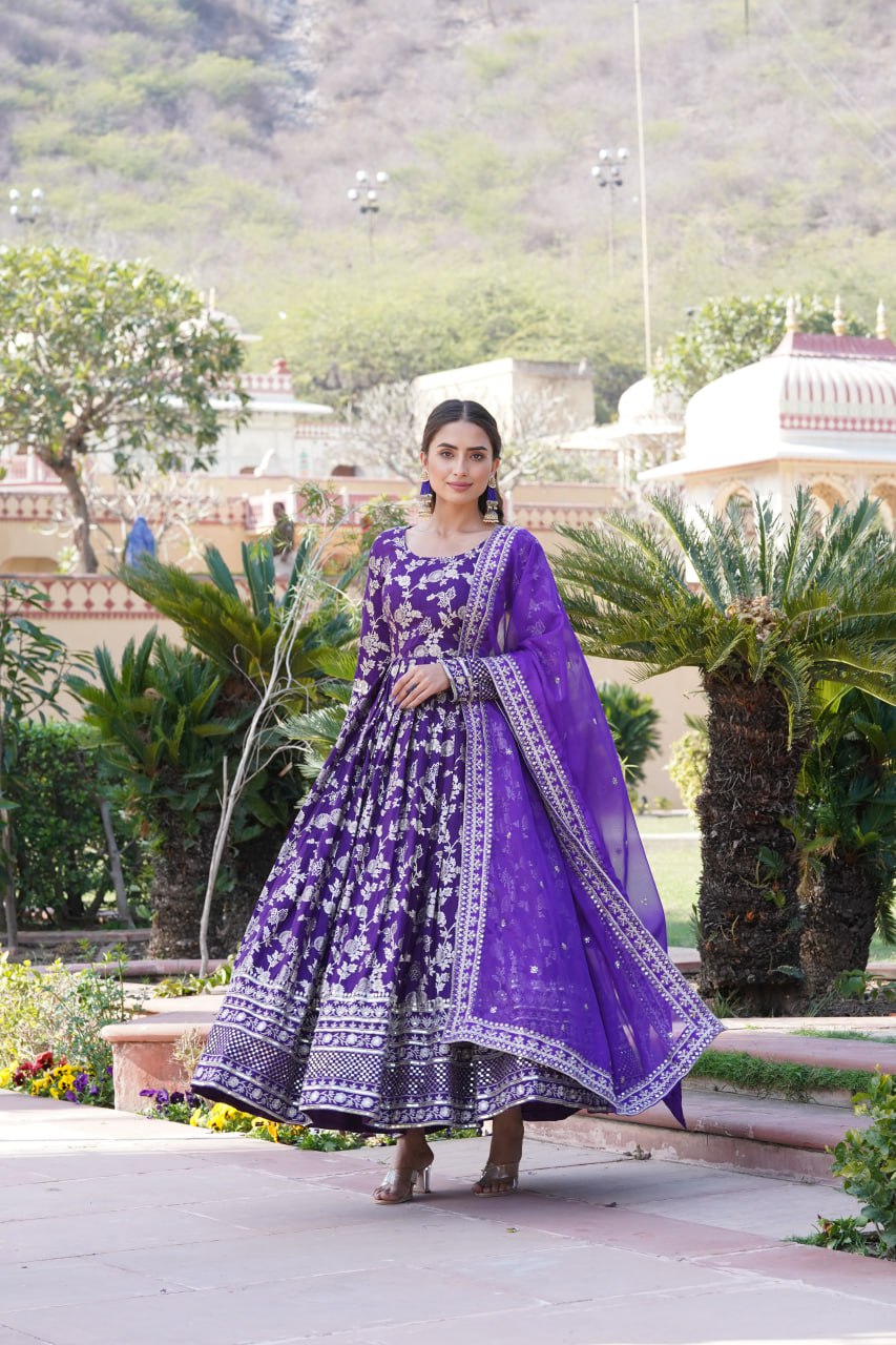 "Sequin Embroidered Viscose Gown with Russian Silk Dupatta Ensemble"