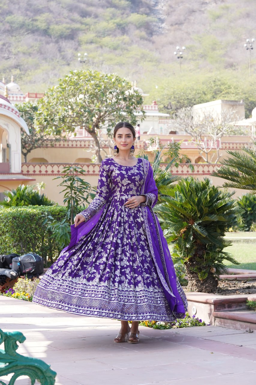 "Sequin Embroidered Viscose Gown with Russian Silk Dupatta Ensemble"