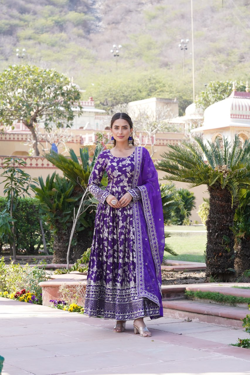 "Sequin Embroidered Viscose Gown with Russian Silk Dupatta Ensemble"