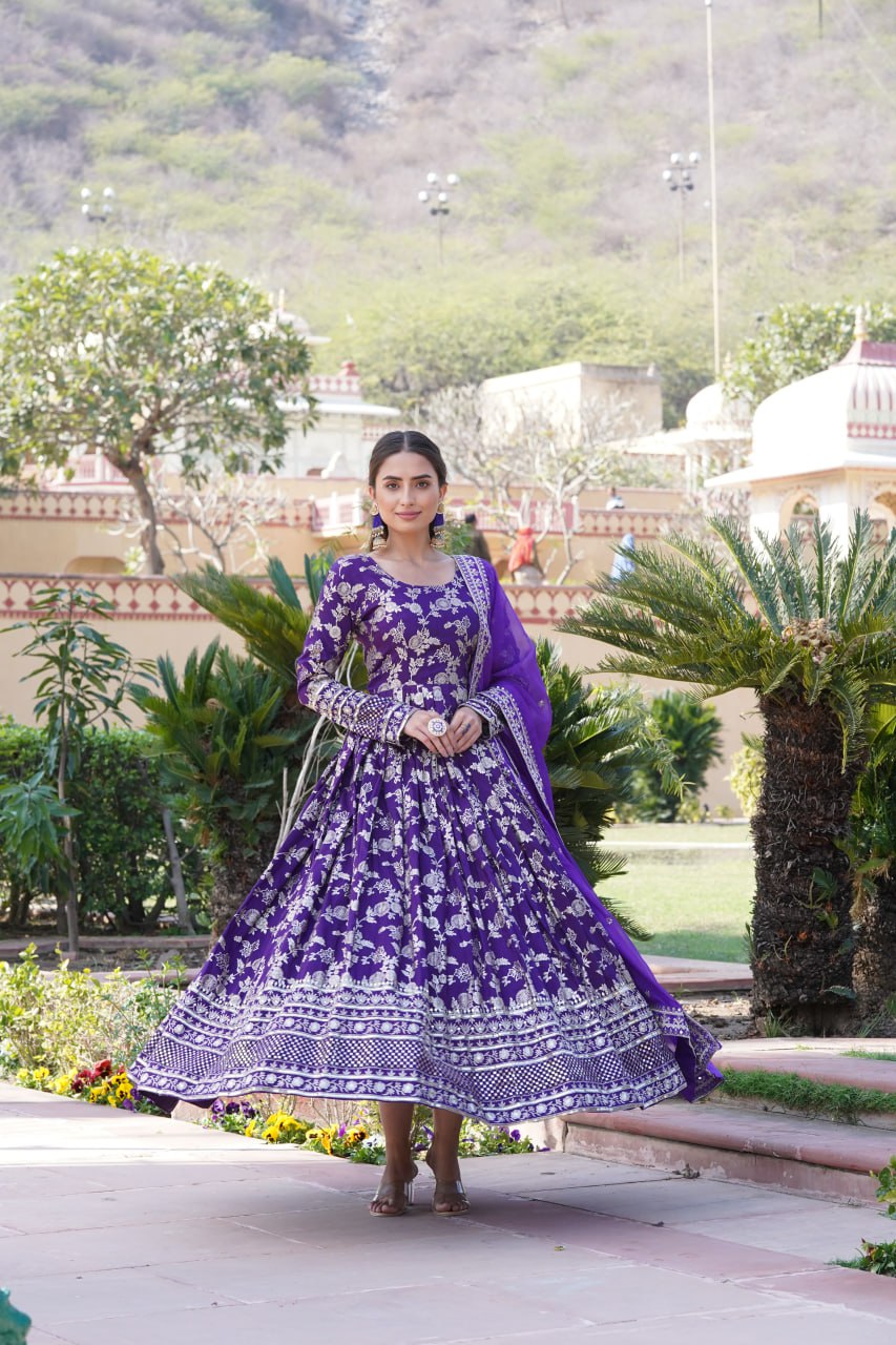 "Sequin Embroidered Viscose Gown with Russian Silk Dupatta Ensemble"