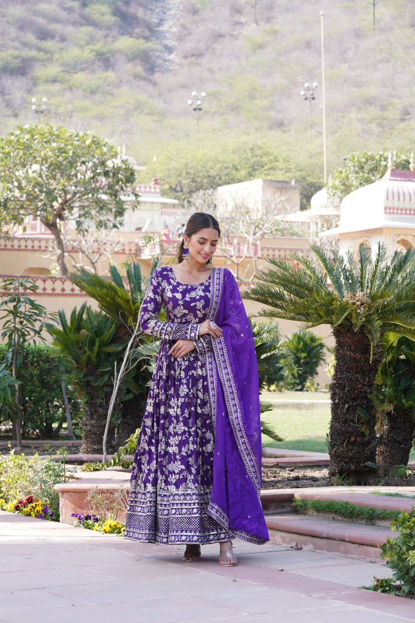 "Sequin Embroidered Viscose Gown with Russian Silk Dupatta Ensemble"