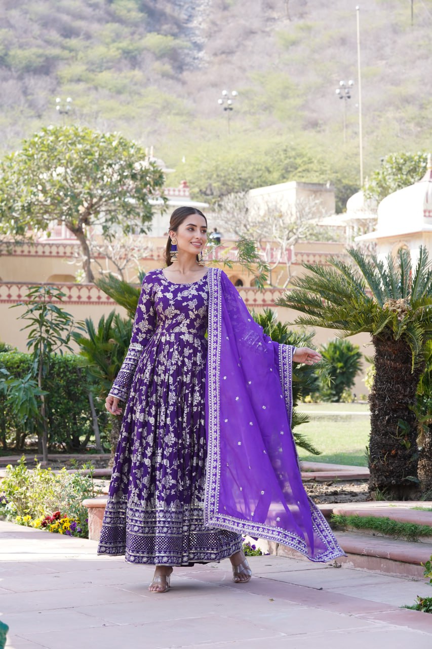 "Sequin Embroidered Viscose Gown with Russian Silk Dupatta Ensemble"