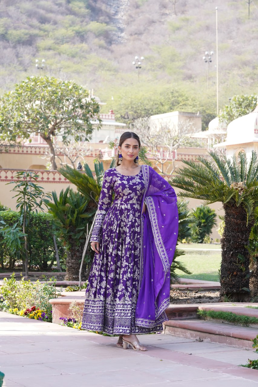 "Sequin Embroidered Viscose Gown with Russian Silk Dupatta Ensemble"