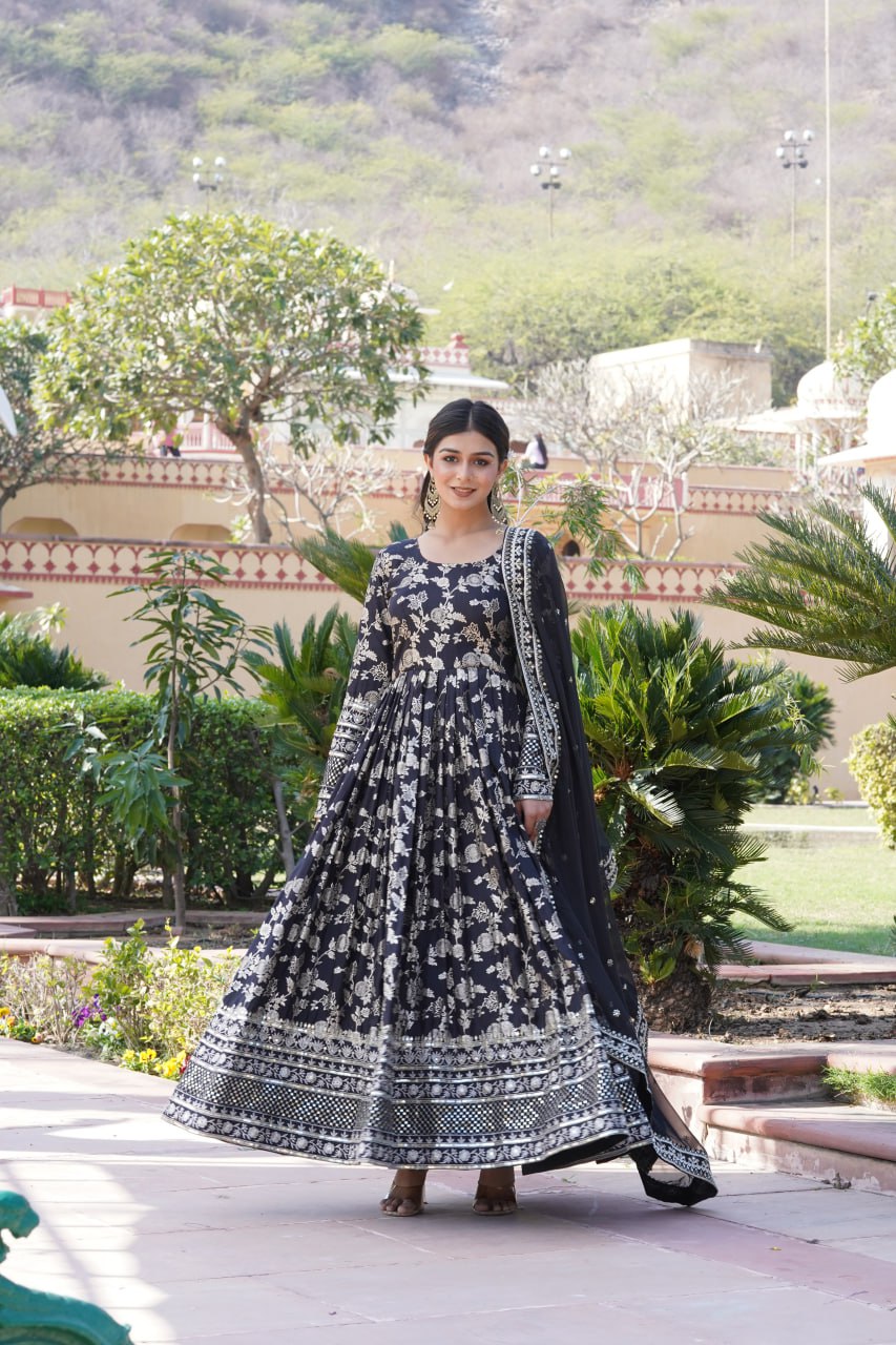 "Sequin Embroidered Viscose Gown with Russian Silk Dupatta Ensemble"