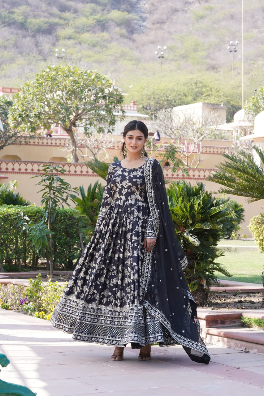 "Sequin Embroidered Viscose Gown with Russian Silk Dupatta Ensemble"