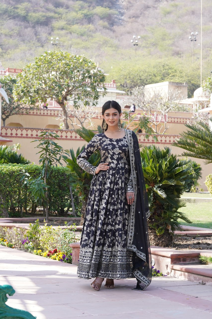 "Sequin Embroidered Viscose Gown with Russian Silk Dupatta Ensemble"