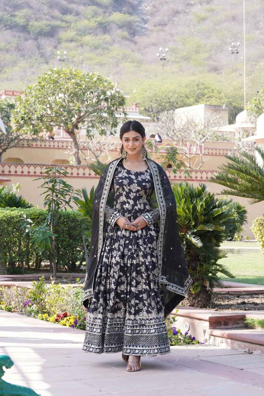 "Sequin Embroidered Viscose Gown with Russian Silk Dupatta Ensemble"