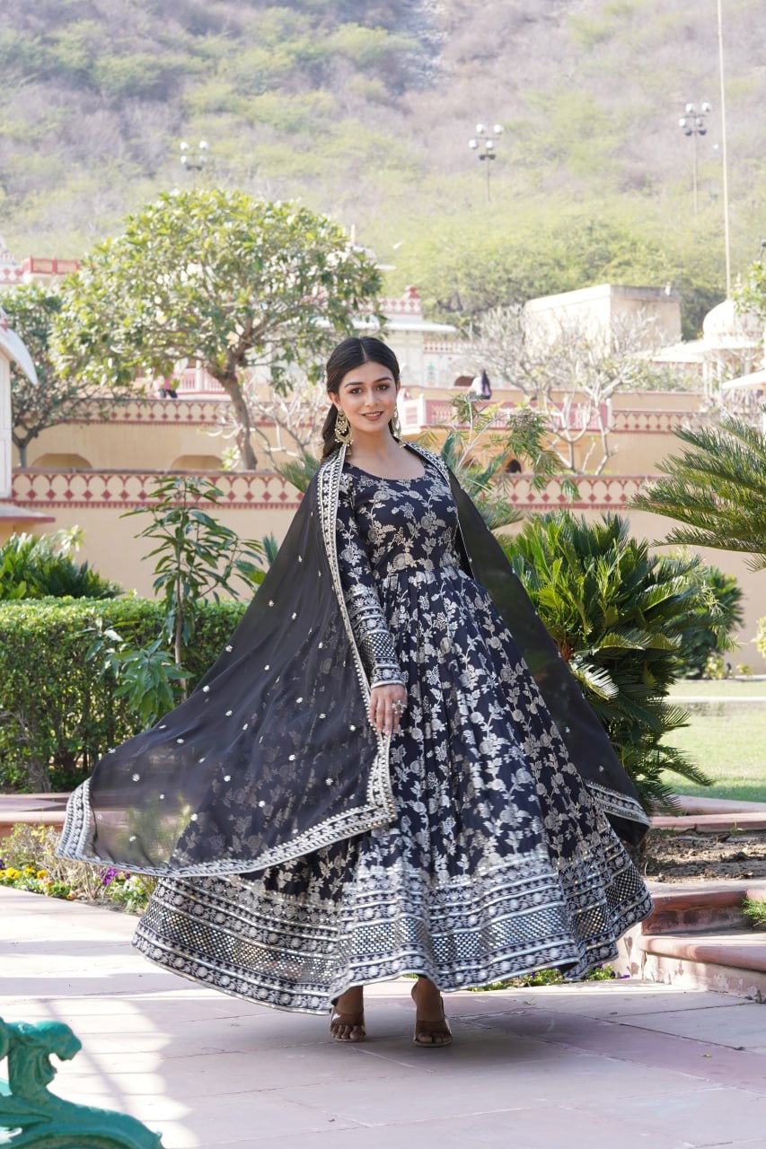 "Sequin Embroidered Viscose Gown with Russian Silk Dupatta Ensemble"