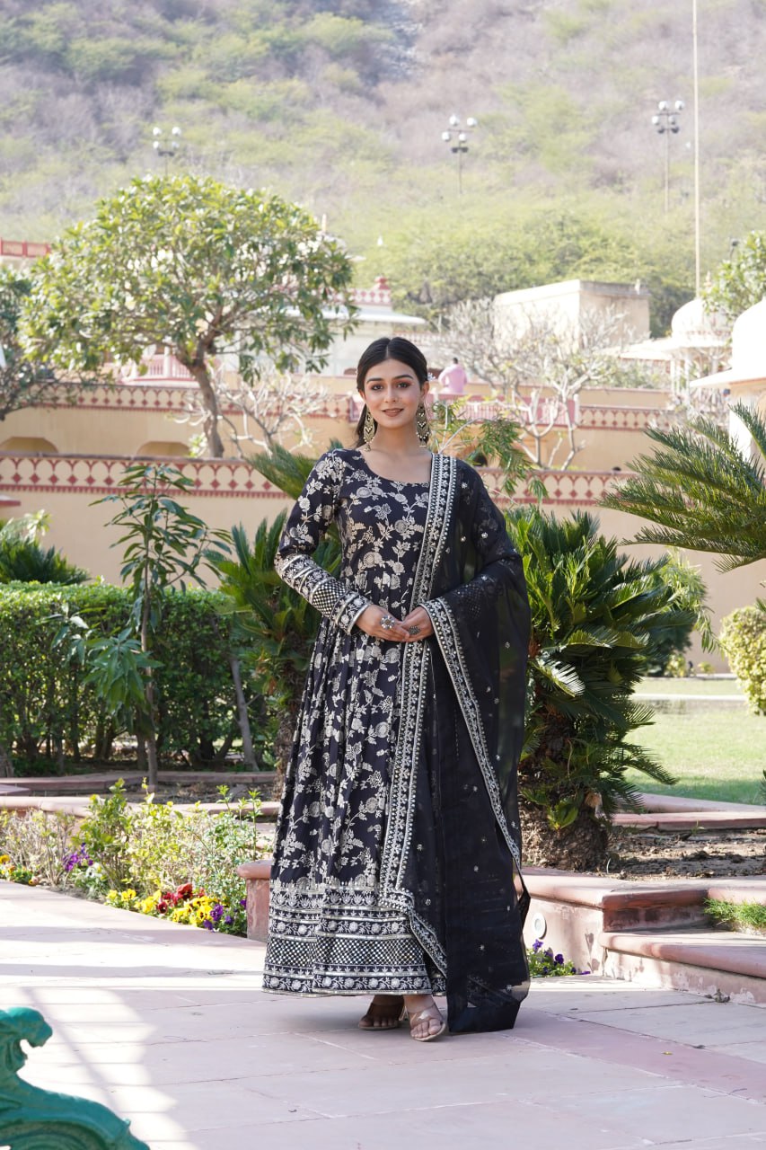 "Sequin Embroidered Viscose Gown with Russian Silk Dupatta Ensemble"