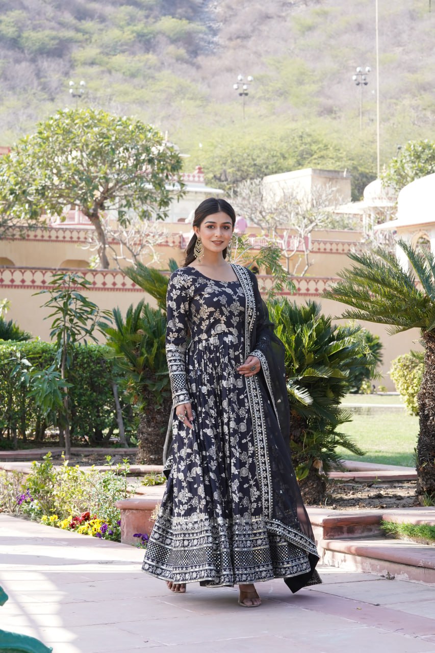 "Sequin Embroidered Viscose Gown with Russian Silk Dupatta Ensemble"