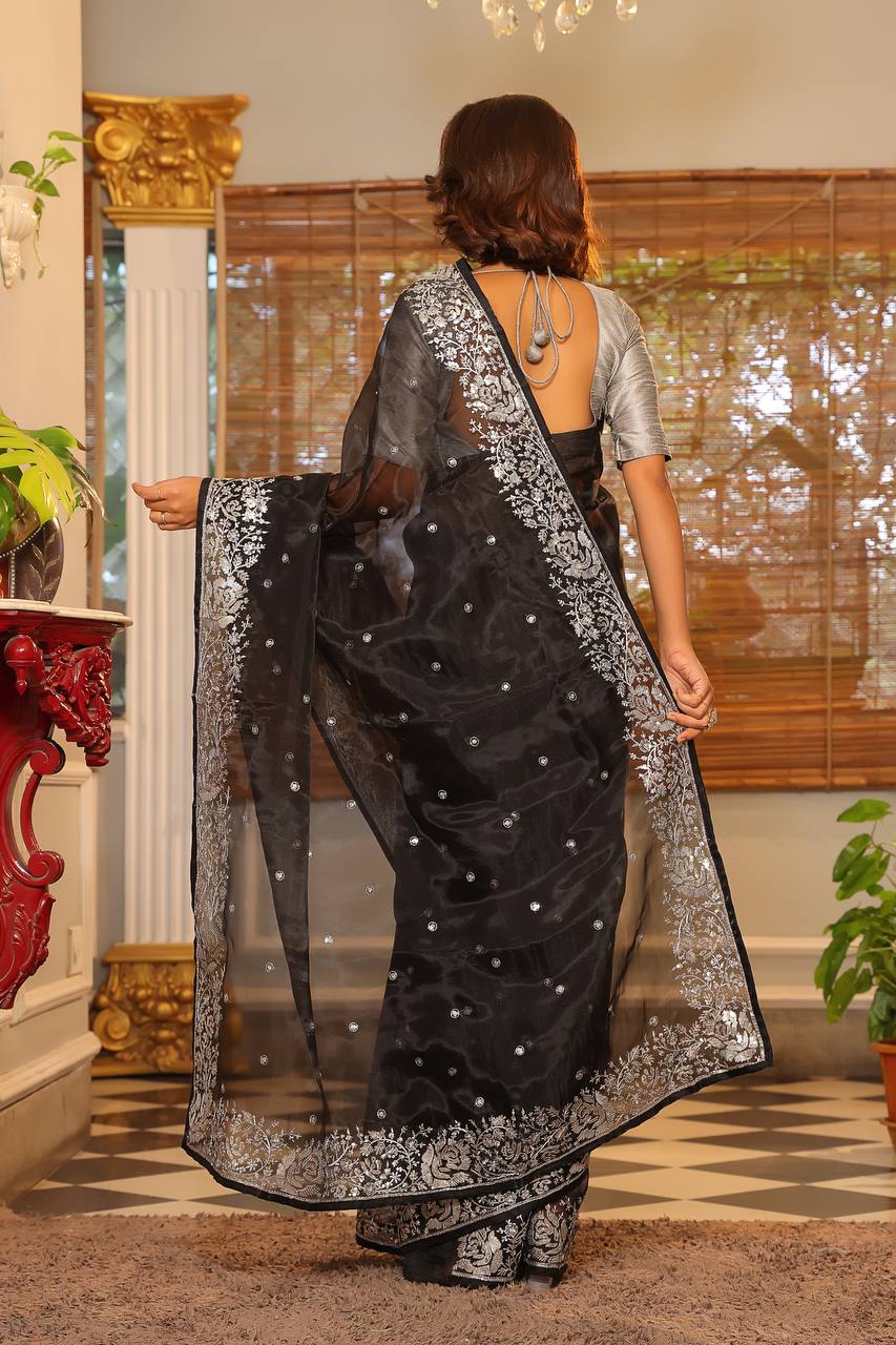 Women's Sequence Embroidery Work Organza Silk C-Pallu Border Saree with Blouse