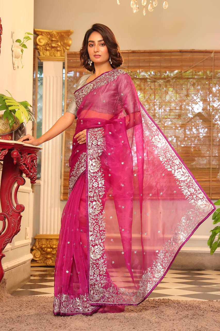 Women's Sequence Embroidery Work Organza Silk C-Pallu Border Saree with Blouse