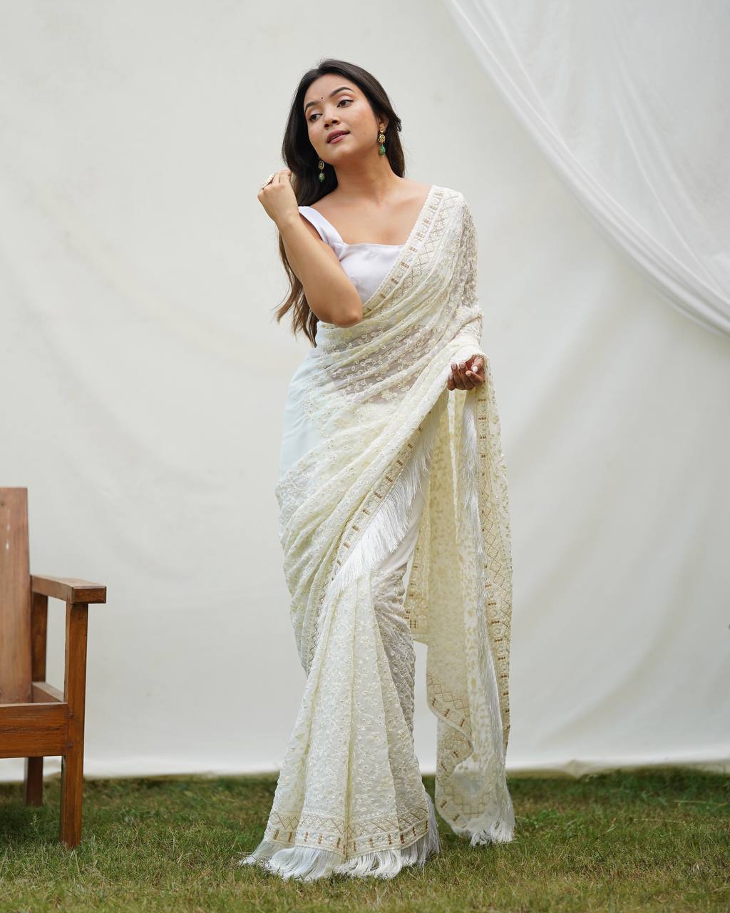 "White Georgette Sequence Work Saree with Unstitched Blouse | Premium Ethnic Wear"