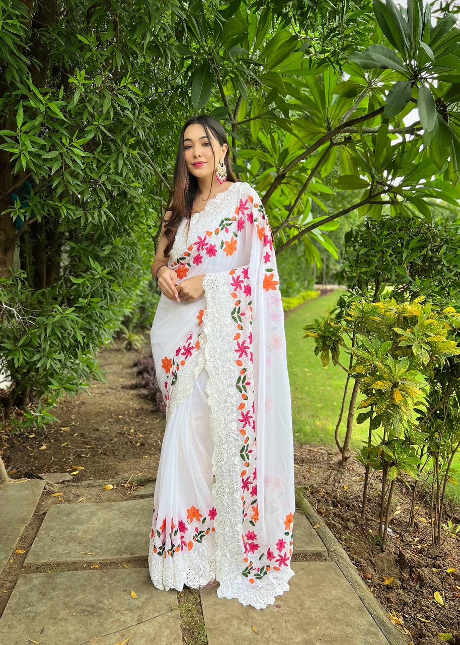 "Graceful Lucknowi Chikankari Georgette Silk Saree with Viscos Border - Elegant Ethnic Wear"