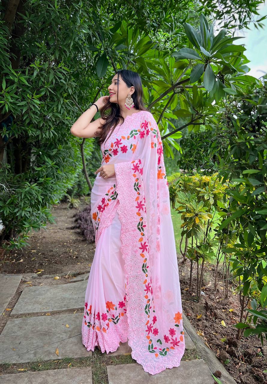 "Graceful Lucknowi Chikankari Georgette Silk Saree with Viscos Border - Elegant Ethnic Wear"