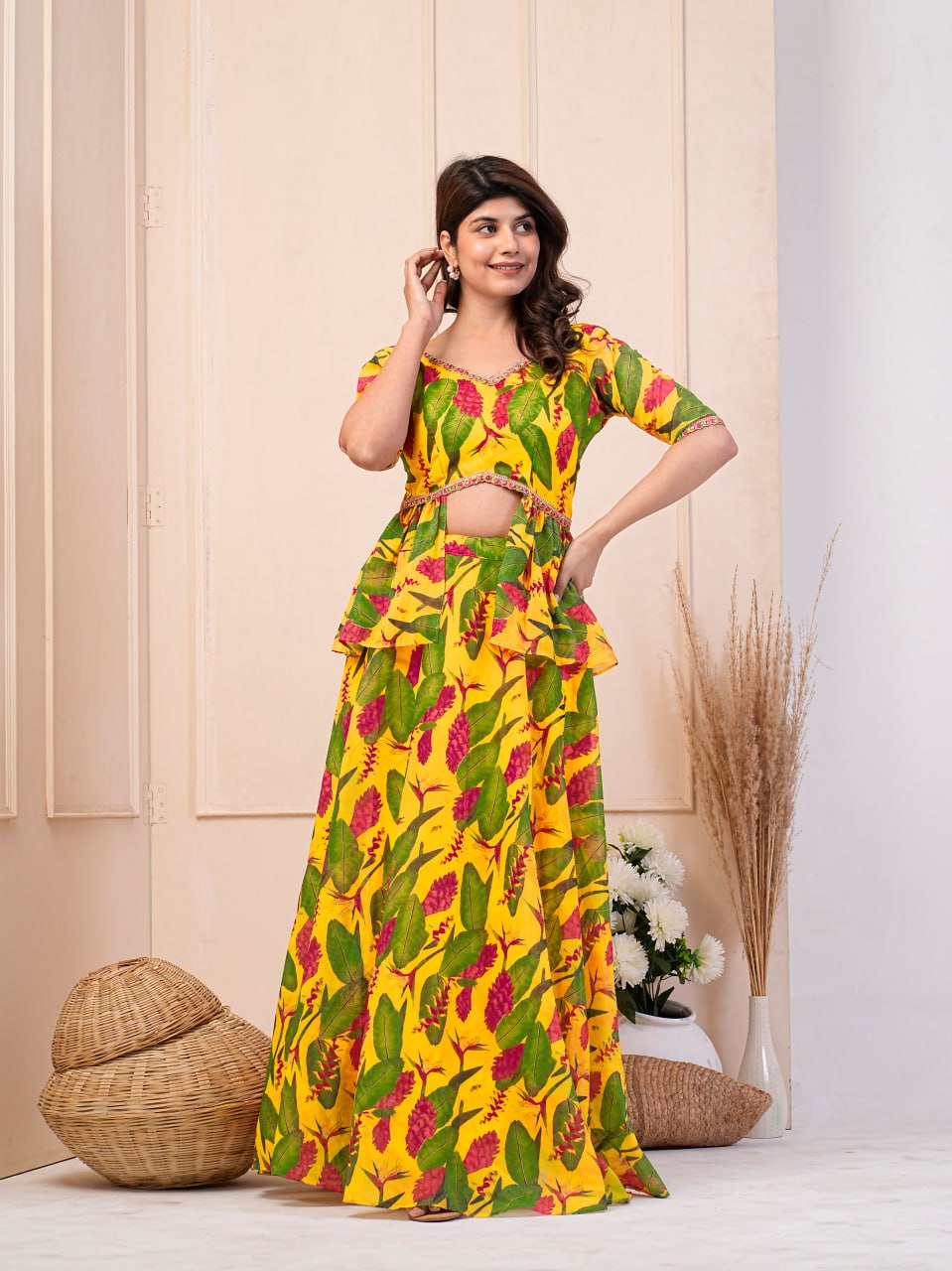 "Yellow Floral Peplum Lehenga Set | Georgette Embroidered Blouse | Women's Ethnic Wear"