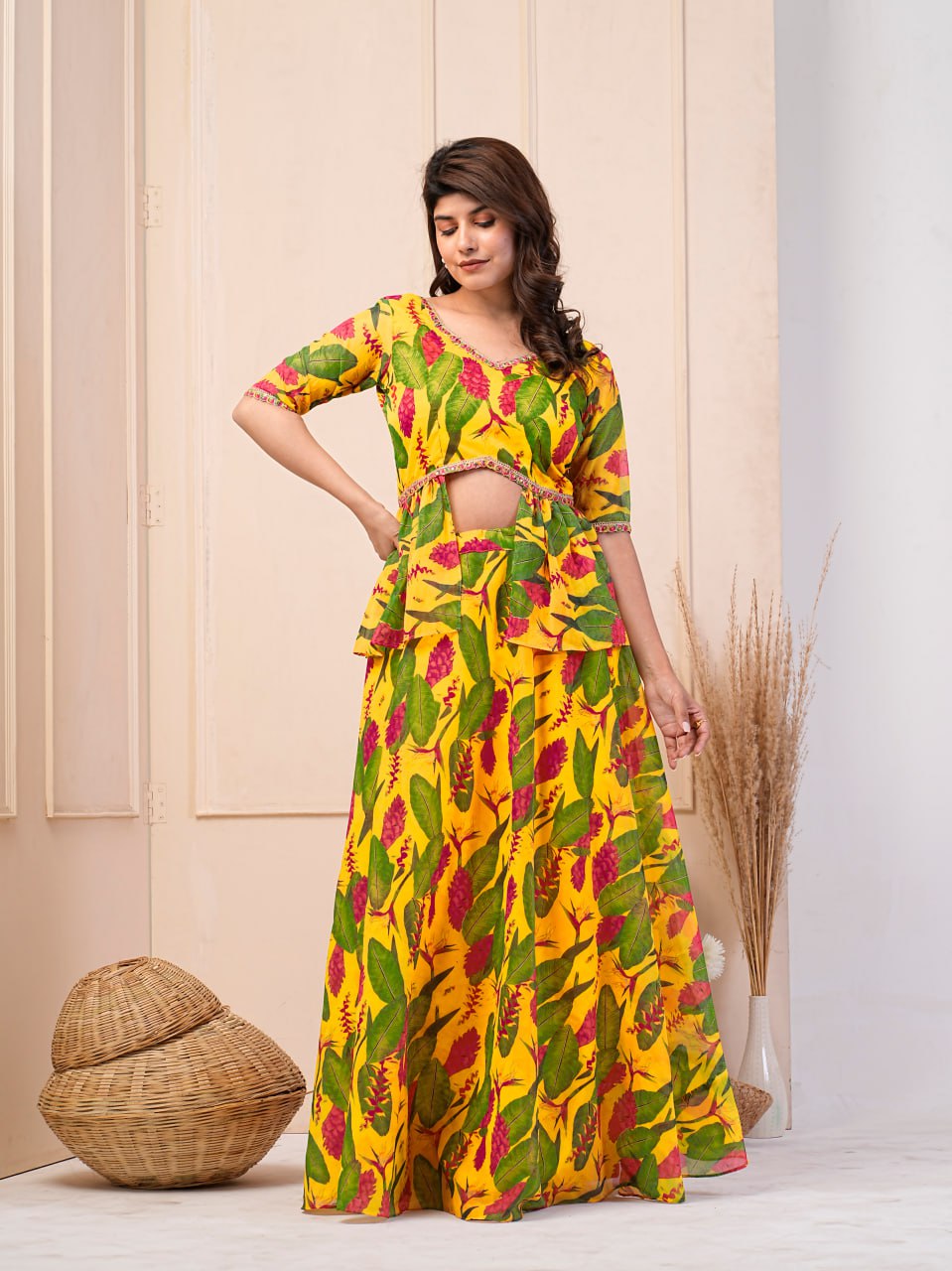 "Yellow Floral Peplum Lehenga Set | Georgette Embroidered Blouse | Women's Ethnic Wear"