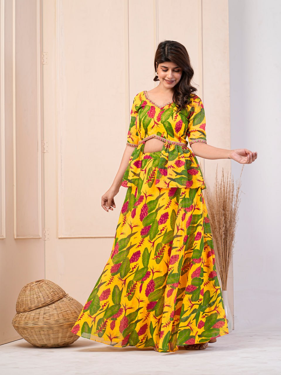 "Yellow Floral Peplum Lehenga Set | Georgette Embroidered Blouse | Women's Ethnic Wear"