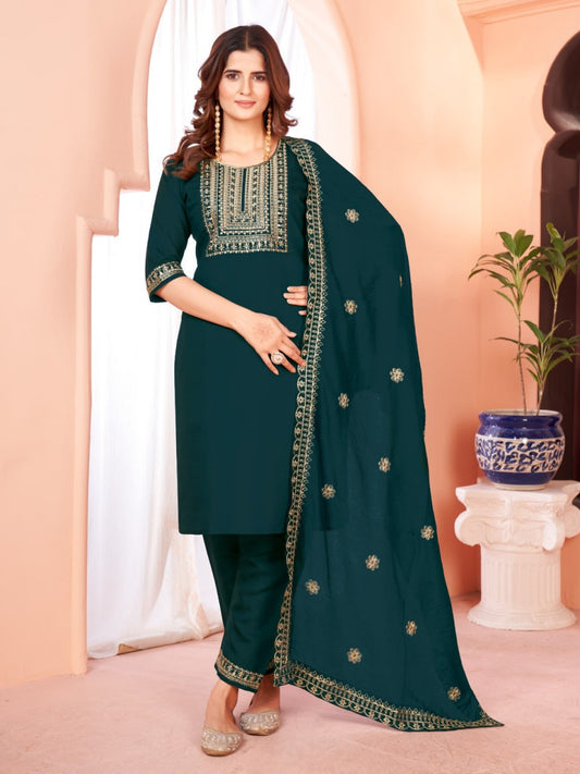 Embroidered Viscose Kurti Set with Dupatta & Pants