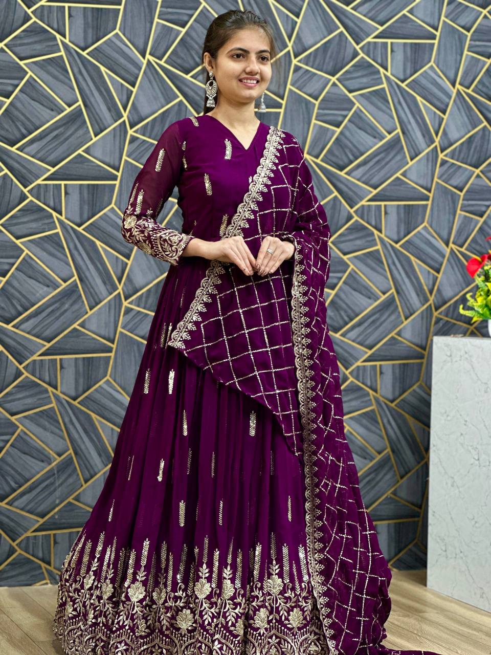 "Luxurious Wine Color Embroidered Gown with Matching Dupatta - Fully Stitched Fox Georgette Ensemble"