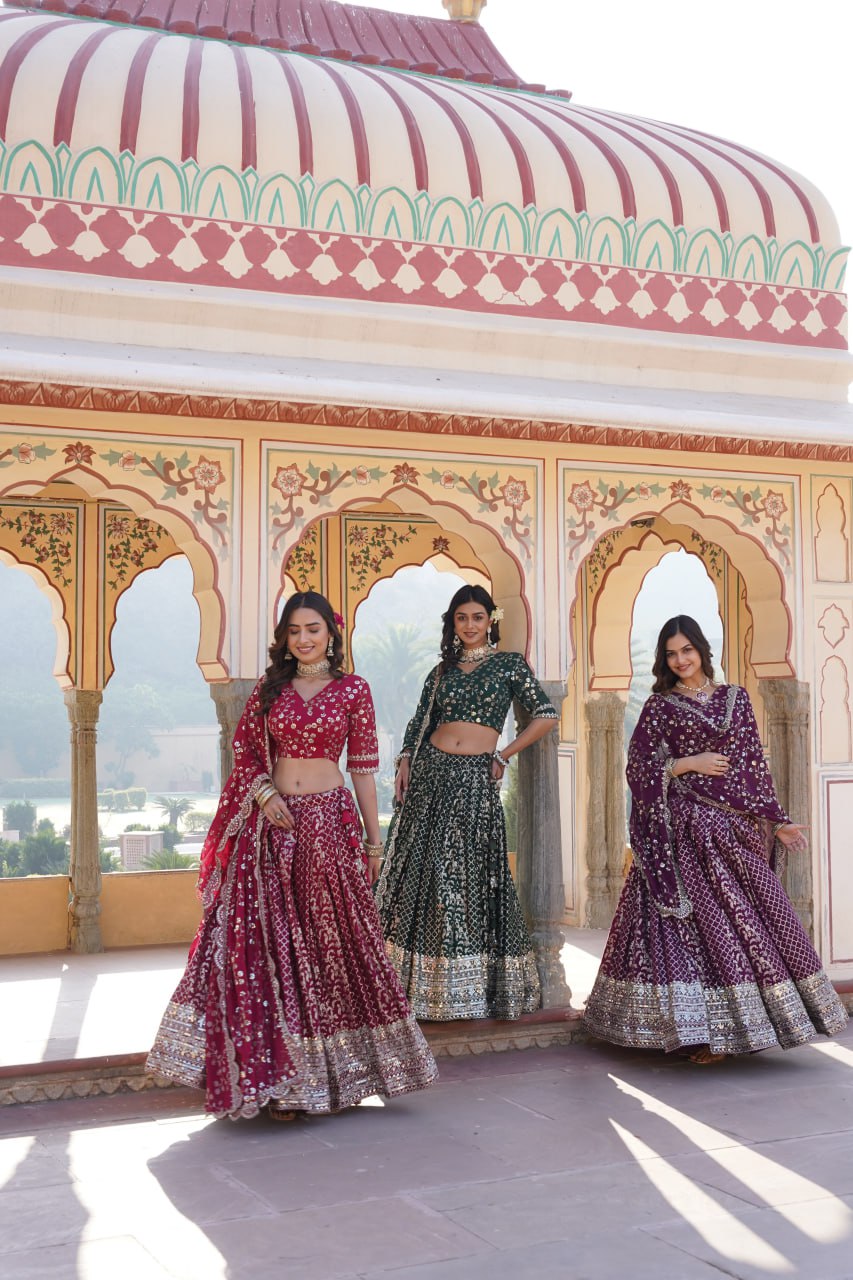 Embroidered Sequins Work Pure Viscose Jacquard Lehenga Choli Set