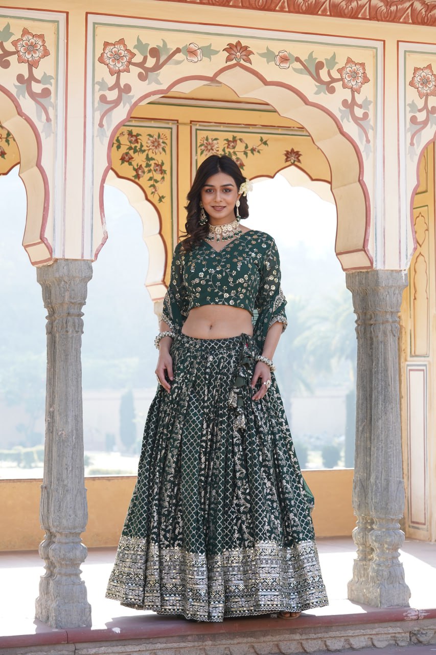 Embroidered Sequins Work Pure Viscose Jacquard Lehenga Choli Set